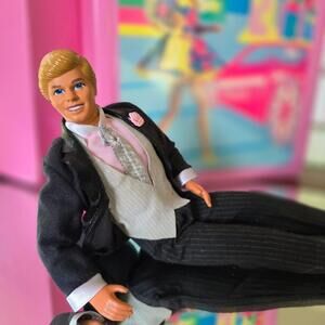 Vintage Mattel 1980s Ken Doll in Black Suit Pink Rose Boutonniere Best Man for W
